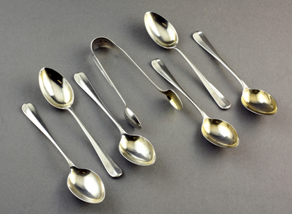 Wavy Rat Tail Hanoverian Victorian Silver Coffee Spoons (6) and Sugartongs Set
